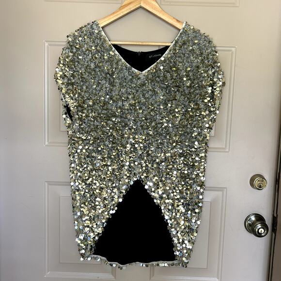 St. John Women´s Evening Silver Gold Beaded Sequin Short Sleeve Top Size P/S - Picture 2 of 13